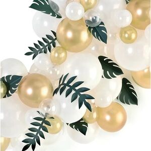 Gold and White Balloon Arch with Green Leaves Decor Kit